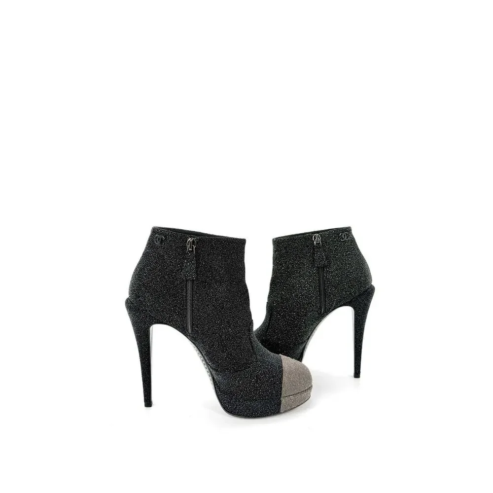 Chanel Bootie EU 40 US 10 Black Gray Leather Sparkle Platform Ankle Boots